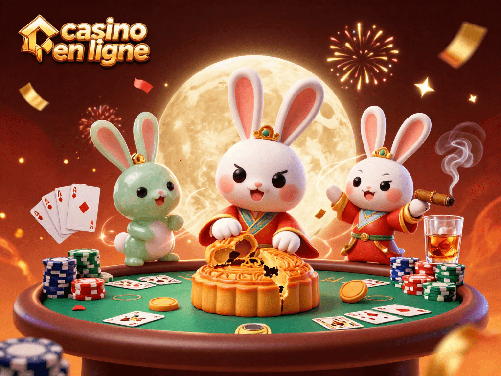 Jeu au casino en ligne avec un lapin lunaire et des jetons de poker sur la surface lunaire.