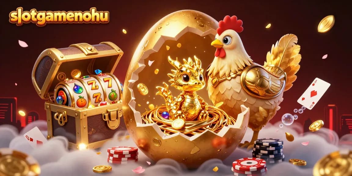 Slotgamenohu showcases a vibrant golden dragon and poker chips amidst dynamic casino elements.