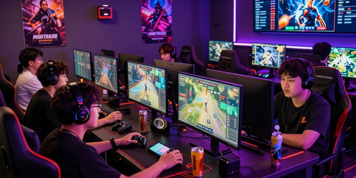 High-energy gaming scene with players engaged on MANTRA88 platform, showcasing competitive gameplay and vibrant atmosphere.