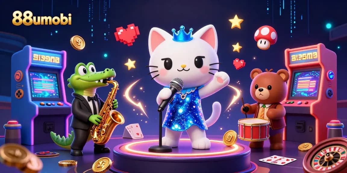 Experience vibrant gaming with 88uumobi featuring a jazz-singer cat and casino elements in dynamic illustration