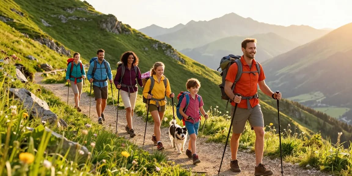 Family enjoying adventure with mantra88 in scenic mountain landscape during golden hour.