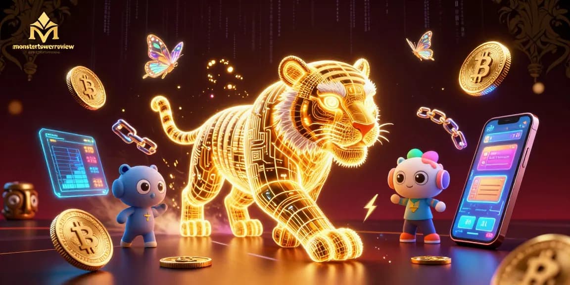 Engage with monstertowerreview's vibrant casino illustration showing a golden tiger surrounded by cryptocurrencies.