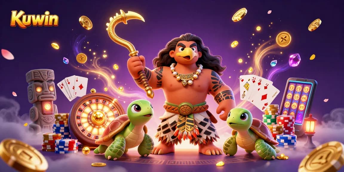 Kuwin heroes celebrate wins with vibrant casino elements and jewels in dynamic atmosphere.