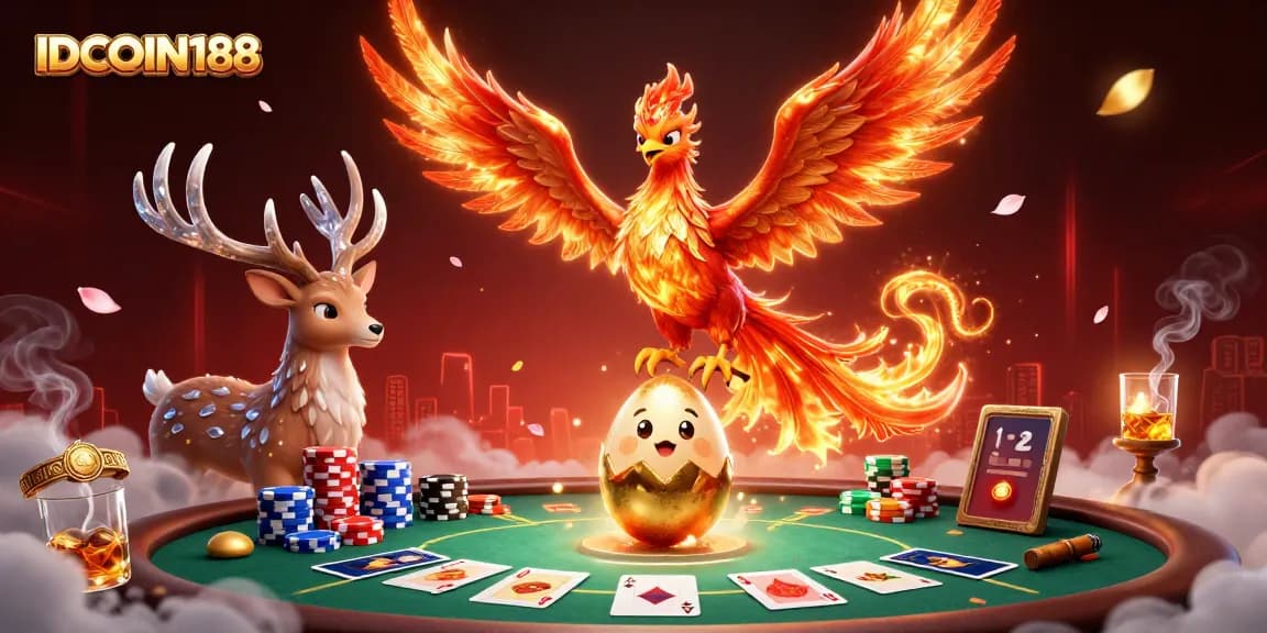 IDCOIN188 showcases a vibrant scene with a phoenix and poker action elements, illustrating an exciting casino atmosphere.