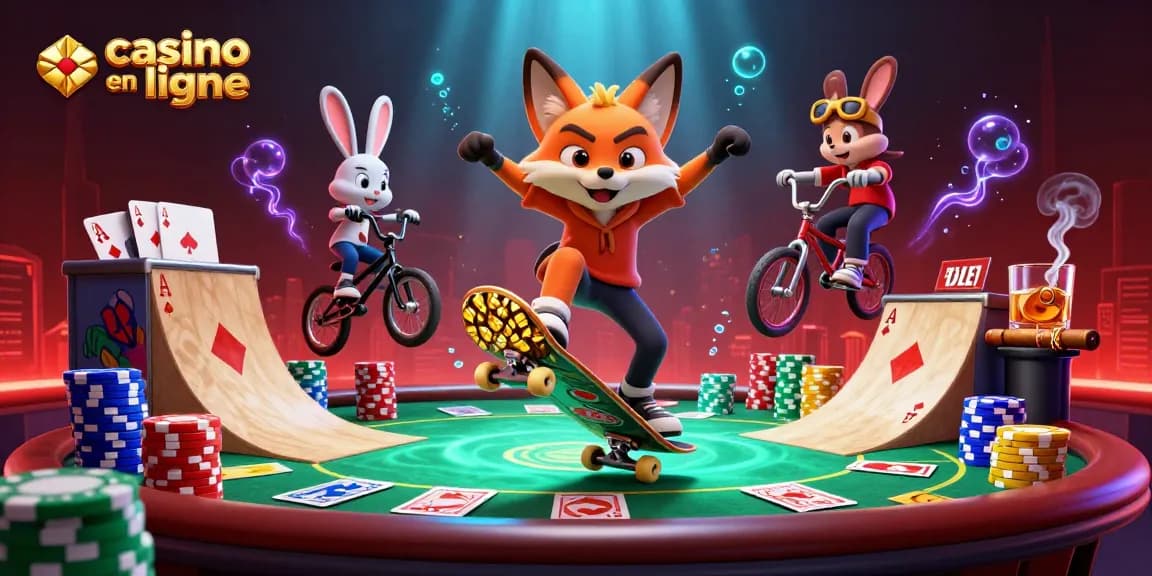 Une illustration dynamique de "casino en ligne" avec un renard faisant un kickflip sur des jetons de poker dorés.