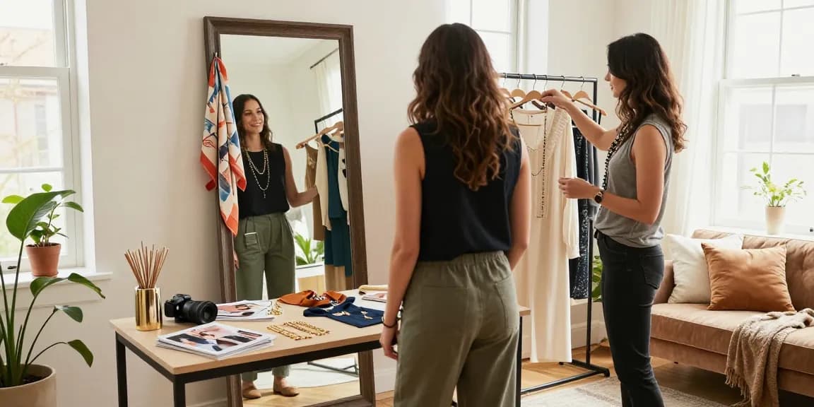 Consulente d'immagine mentre aiuta una cliente a scegliere un outfit con calda luce naturale.