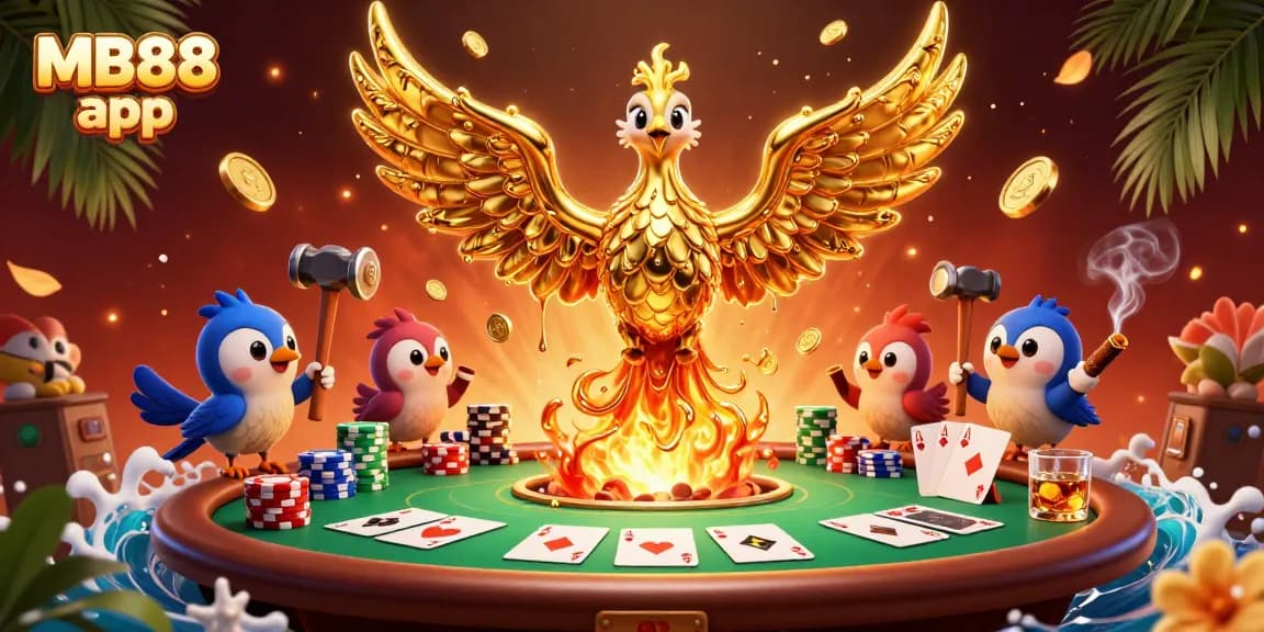 Experience the thrilling gameplay of MB88 app with a dynamic scene featuring the golden phoenix, poker elements, and vibrant casino atmosphere.