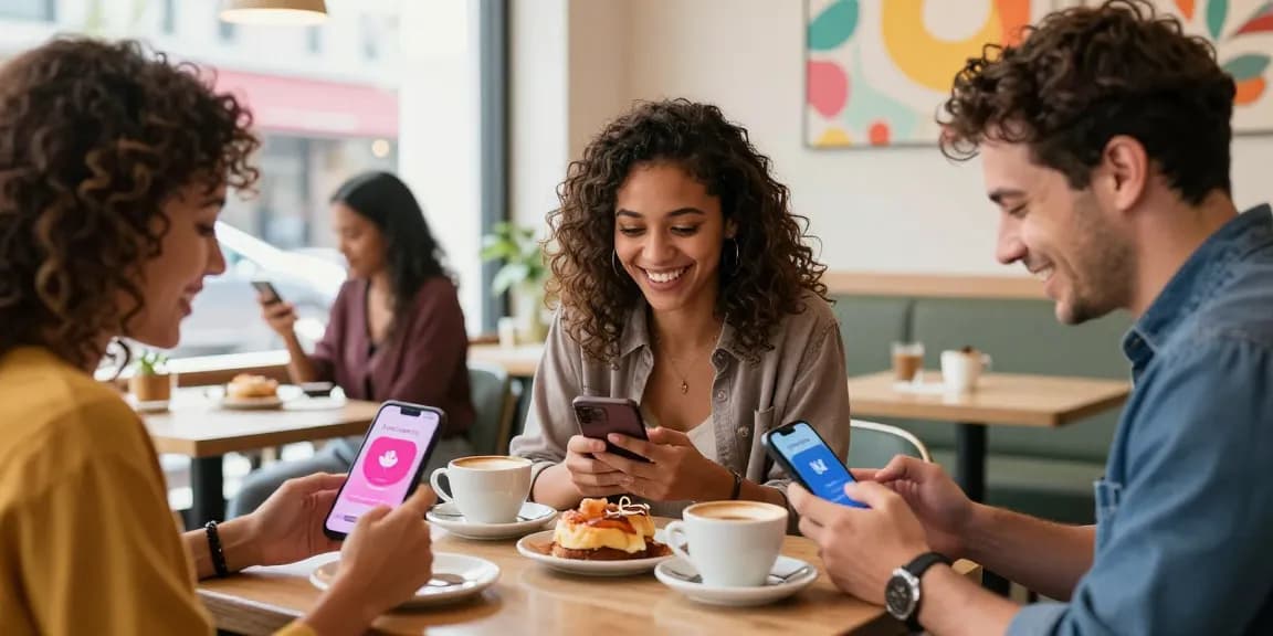 Engaged singles on the HundRoses app in a coffee shop, showcasing modern online dating.