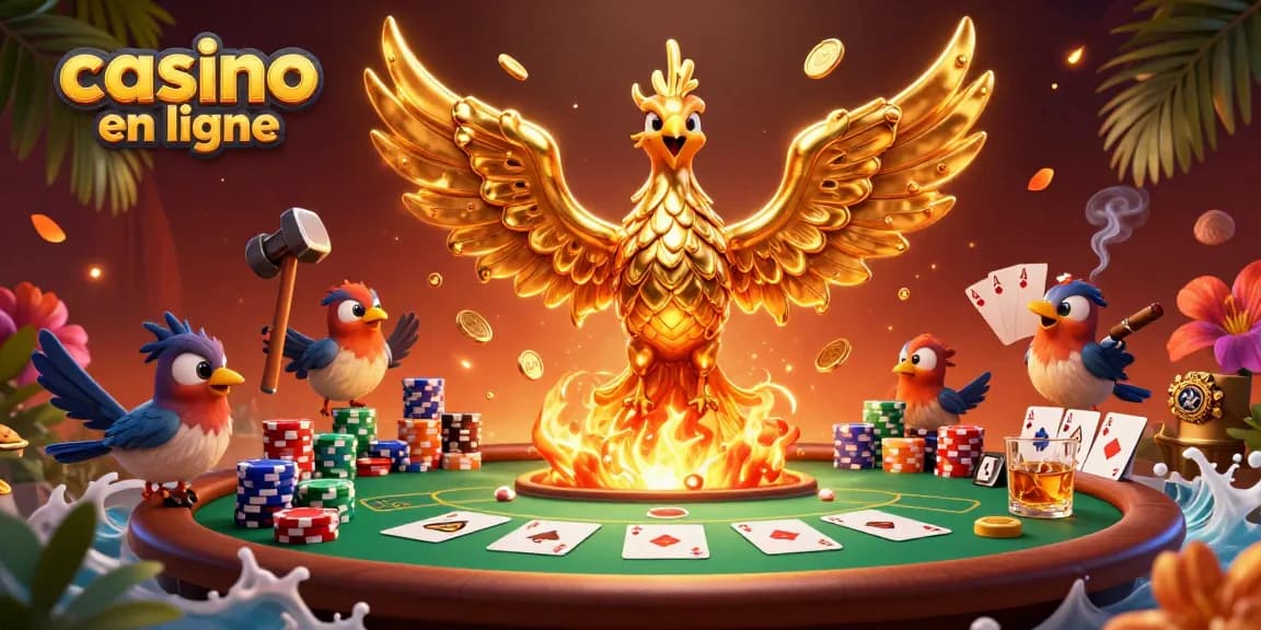Jouer au casino en ligne avec une illustration captivante d'un phoenix doré et des jetons de poker.
