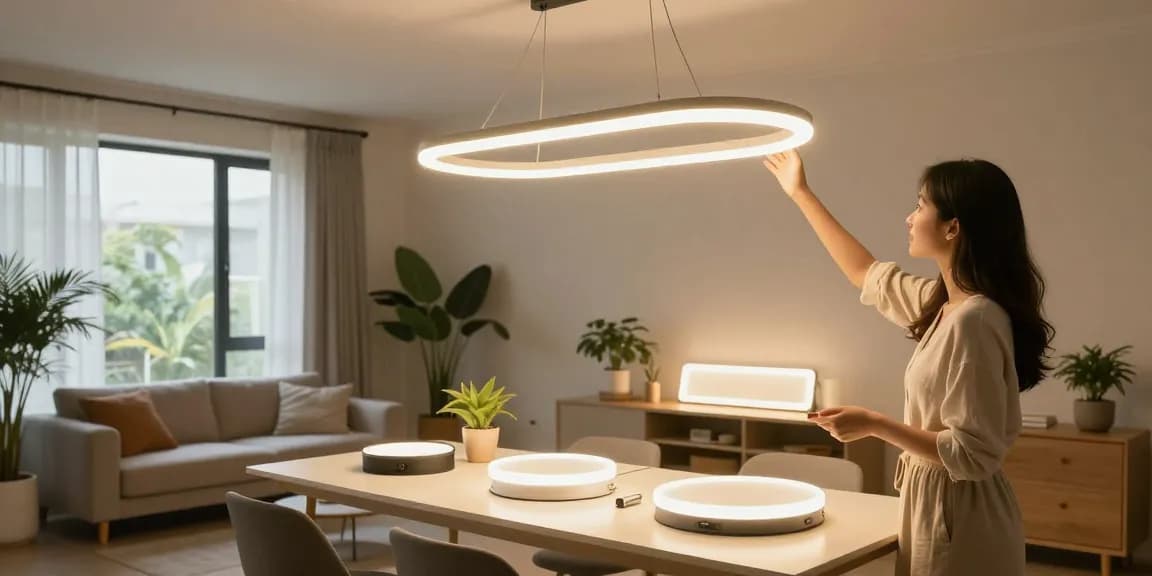 Lustre LED moderne într-un living elegant, femeie alegând iluminatul perfect.