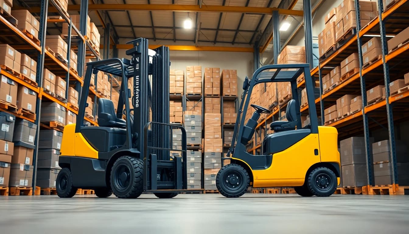 Showcasing a forklift efficiently lifting pallets in a bright warehouse environment.