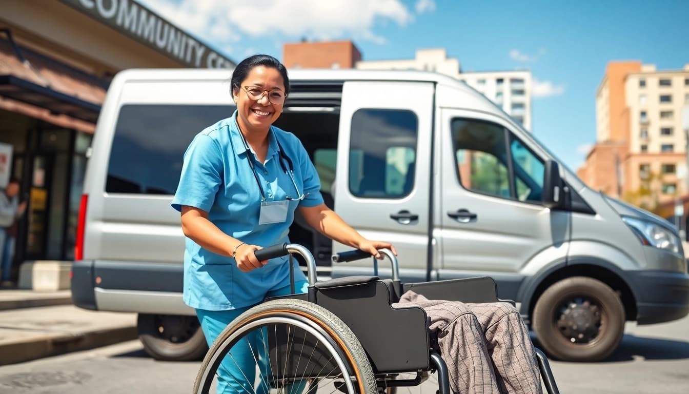 Providing disability transport services through a wheelchair-accessible vehicle and supportive caregiver.
