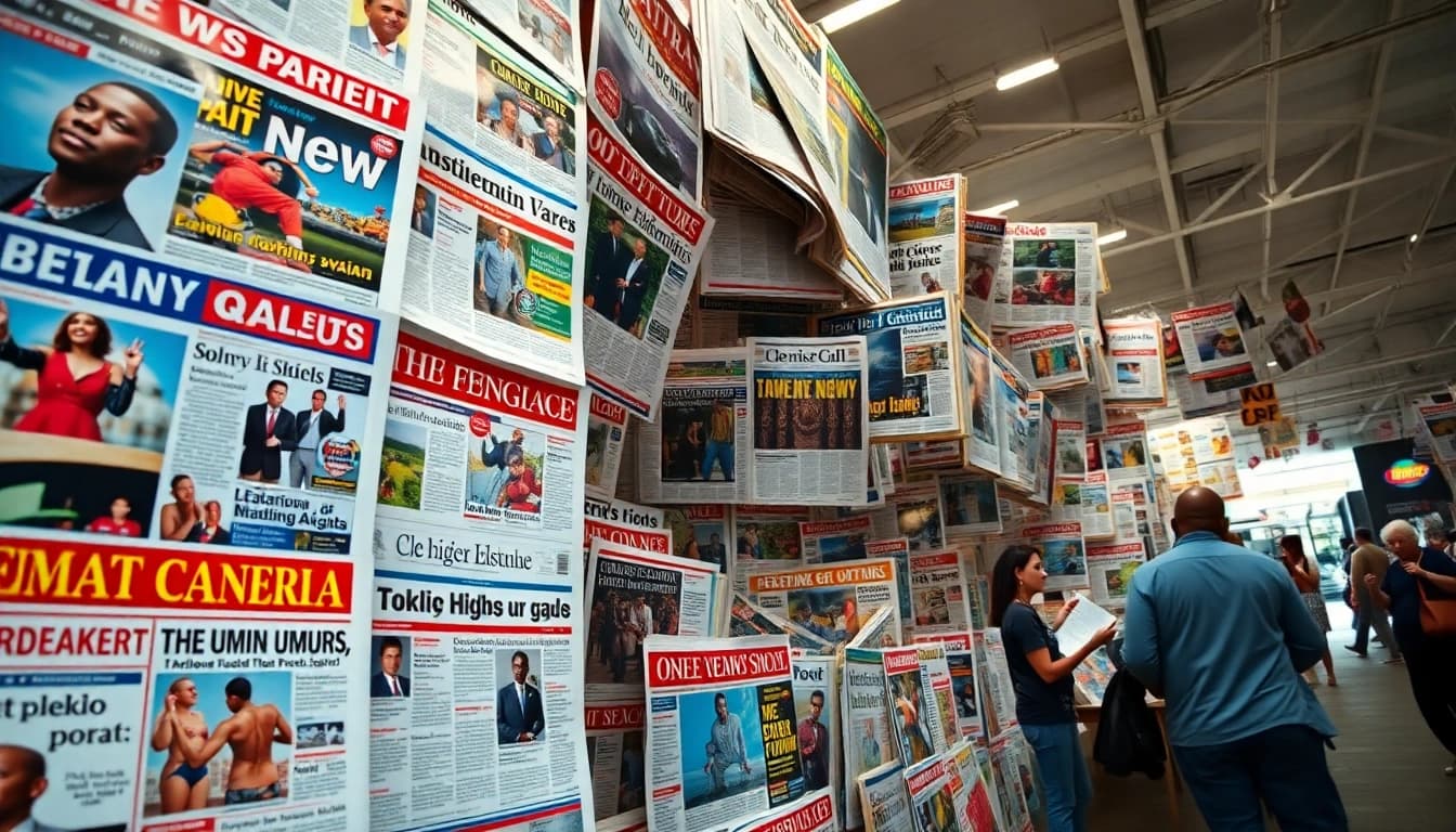 Read through vibrant Nigerian Newspapers showcasing various headlines and stories.