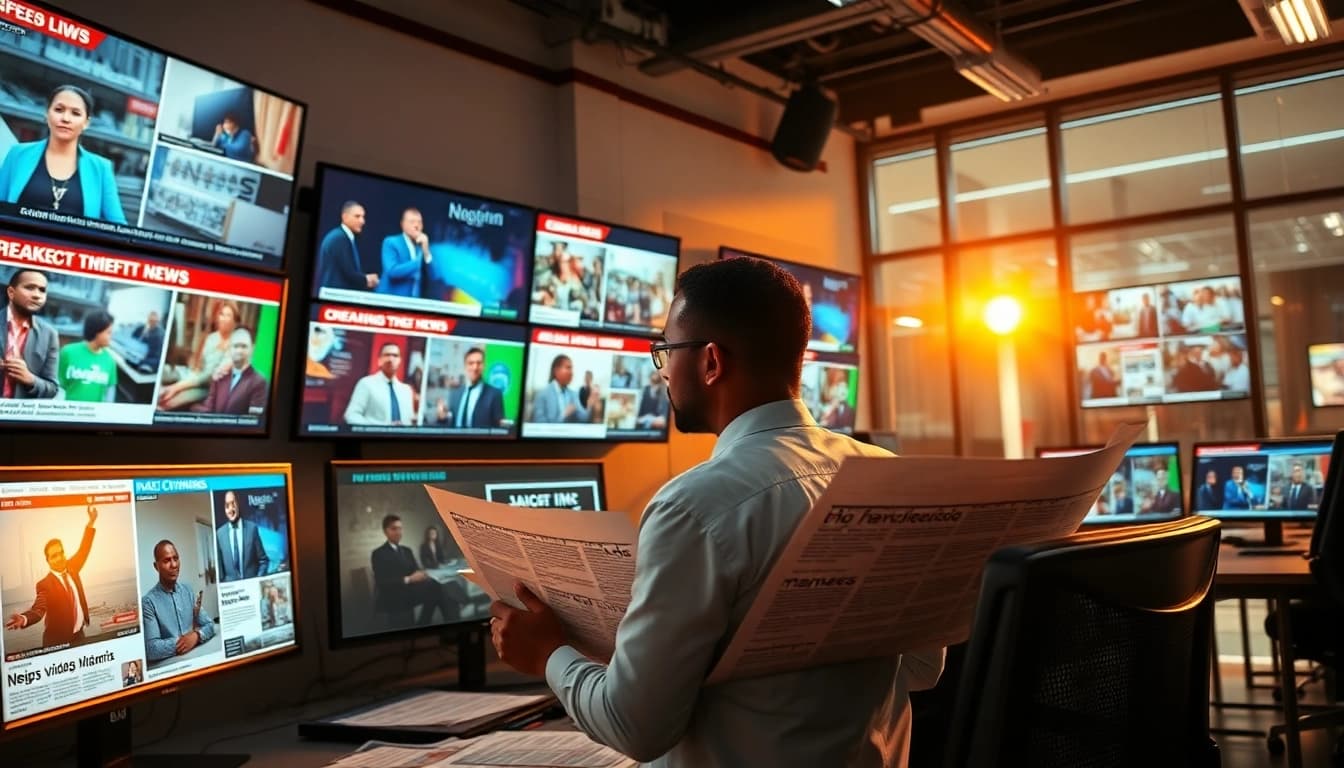 Journalist analyzing Nigerian Newspaper Headlines in a contemporary newsroom environment.
