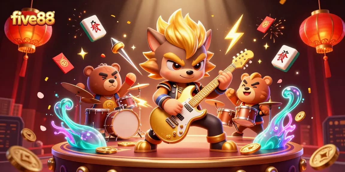 Experience exciting gaming moments with five88, as the rock star wolf and drummer bear thrive on a vibrant casino stage.