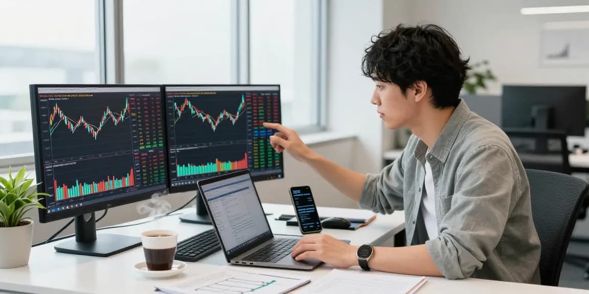 オリパ おすすめサイトのためにデータ分析を行う若者の姿.