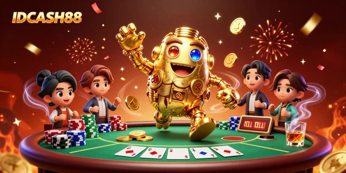 IDCASH88 captivates players with an ultra-detailed 3D casino scene featuring golden golem and poker excitement.