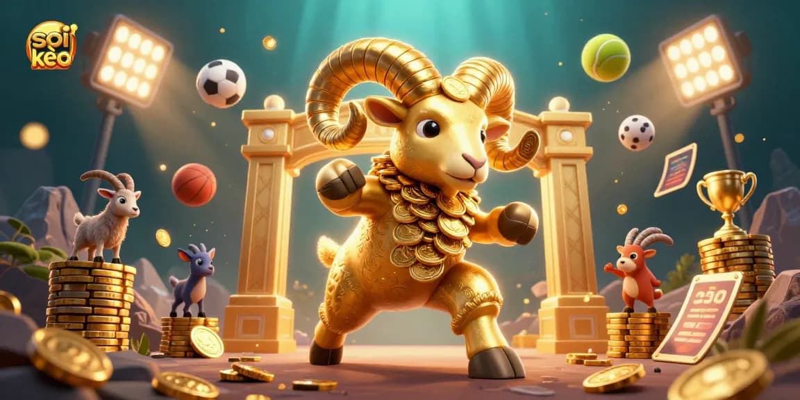 Engage with soi kèo sports betting action, featuring dynamic 3D sports elements and a golden ram mascot.
