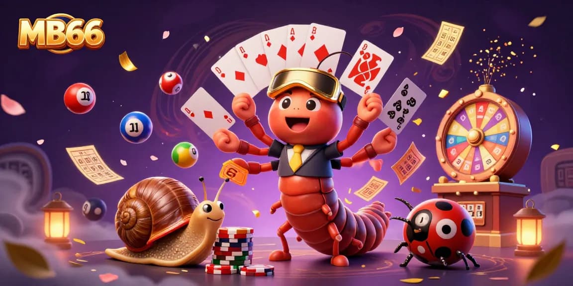 Experience the thrilling world of MB66 with vibrant casino characters and dynamic lottery elements.