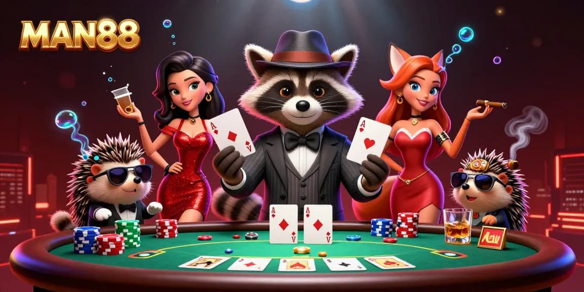Engage in the action at MAN88 with a 3D illustration of a suave raccoon holding a royal flush.
