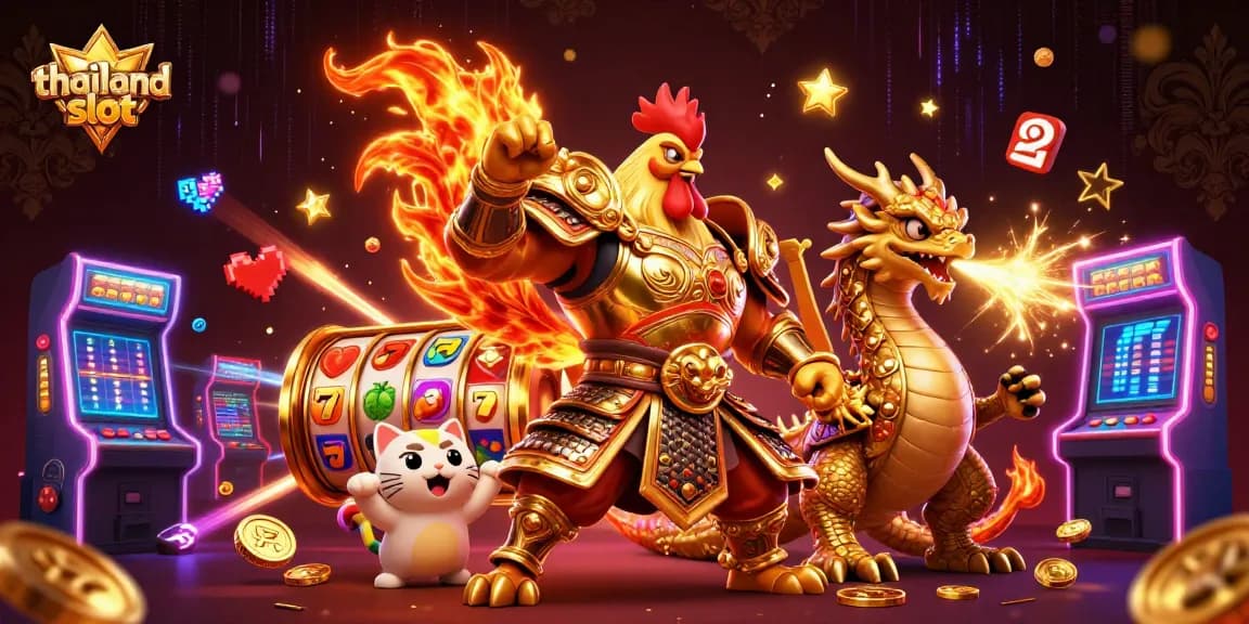 Exciting thailand slot scene with a fighting rooster, dragon hatchling, and vibrant gaming elements.