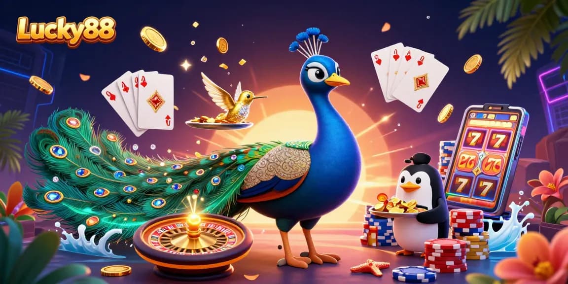 Experience excitement with Lucky88 as the vibrant aristocratic peacock and butler penguin carry golden chips in a lively casino setting.