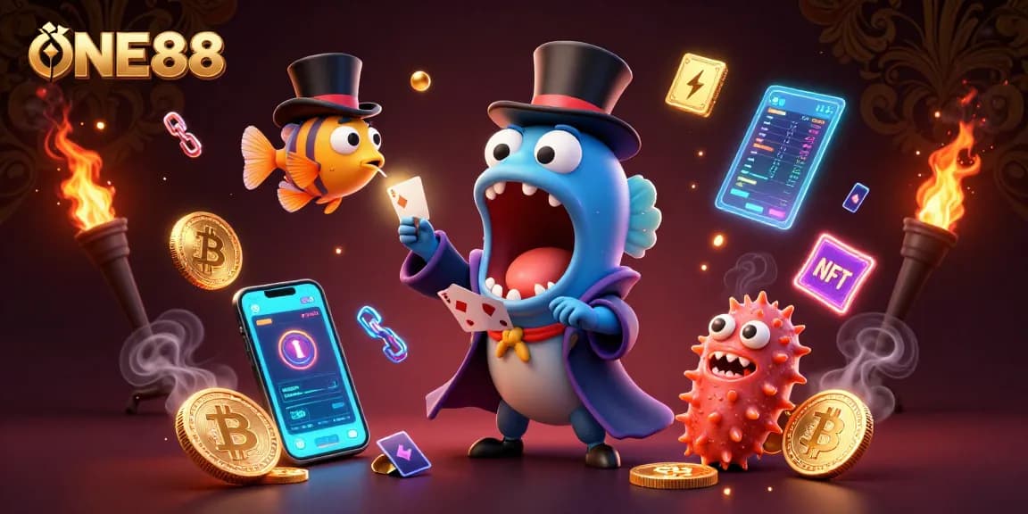 Experience the excitement of ONE88 with a magical underwater card trick scene full of glowing crypto coins.