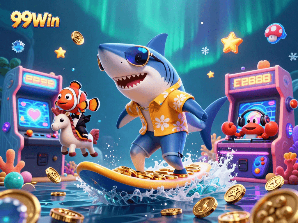 Experience the excitement of 99Win with a vibrant 3D casino scene featuring unique characters.