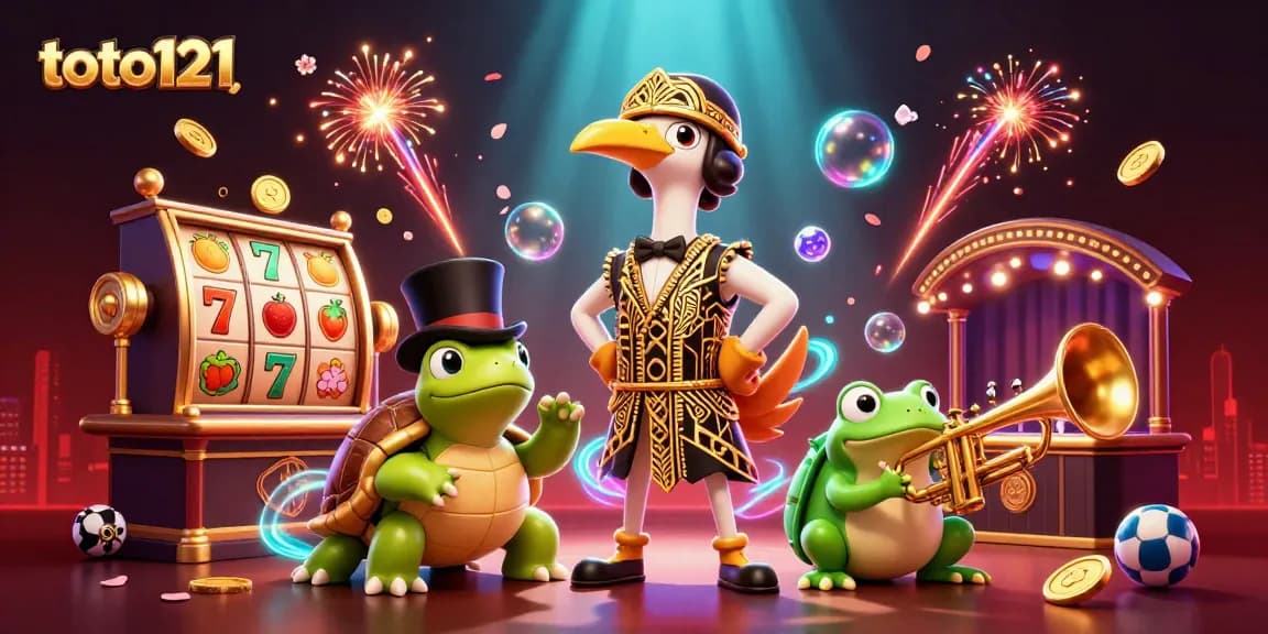 Engage with thrilling slots on toto121 featuring a vibrant scene with iconic characters and lively casino elements.