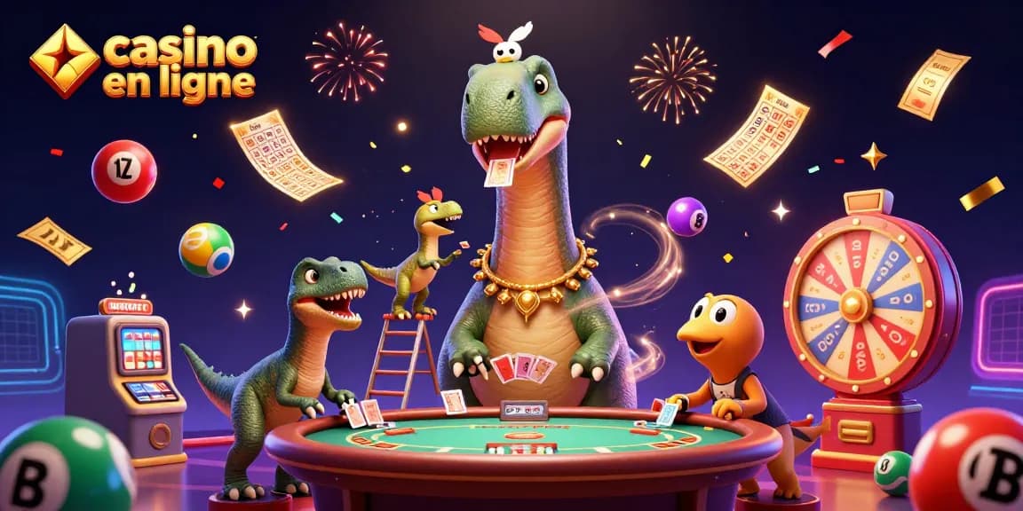 Jouer au casino en ligne avec un dinosaure et un rapace aux cartes dans un décor festif.