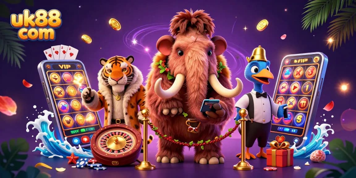 Experience excitement with uk88 com at a vibrant casino door showcasing a woolly mammoth bouncer.