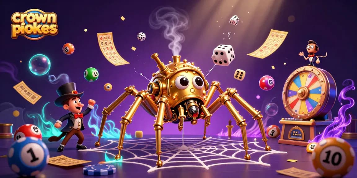Engage with crown pokies amidst a vibrant, dynamic casino-themed 3D illustration filled with lucky game elements.