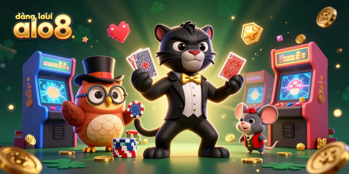 Engage with exciting gameplay at đăng ký alo8 with a lively 3D card dealer scene featuring a stylish panther, an owl, and a lucky mouse.