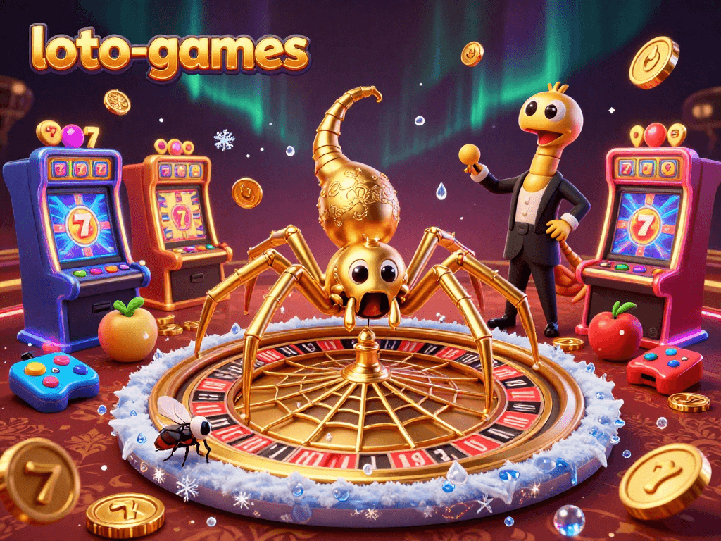Engage with loto-games as a golden spider spins a roulette wheel web, while colorful slot machines emerge.