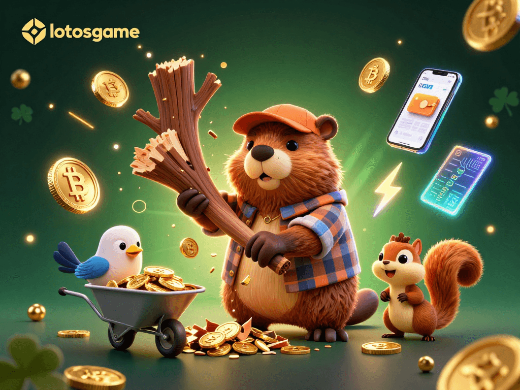 Engage with lotosgame's thrilling action using digital currency elements in a vibrant casino-like illustration.
