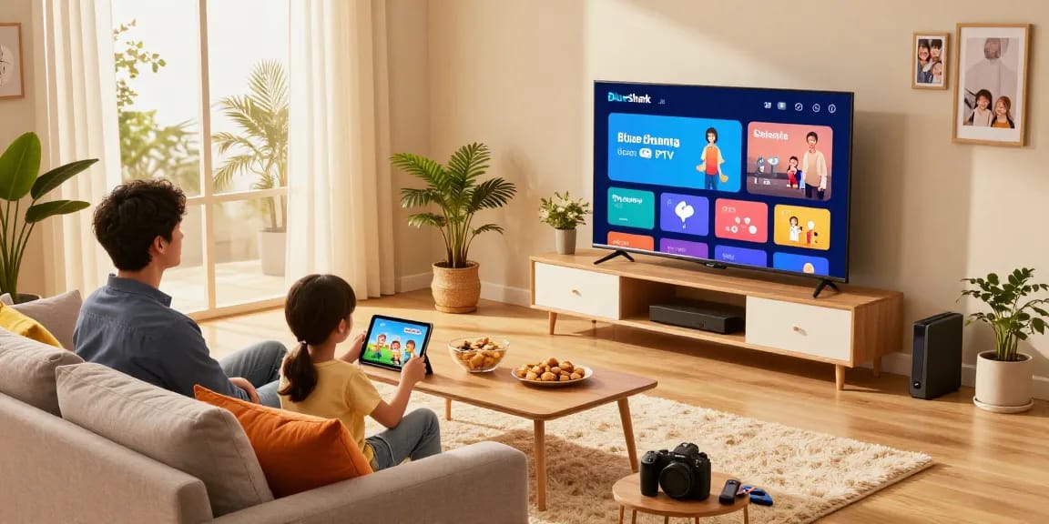 Family enjoying BlueShark IPTV on a smart TV in a cozy living room.