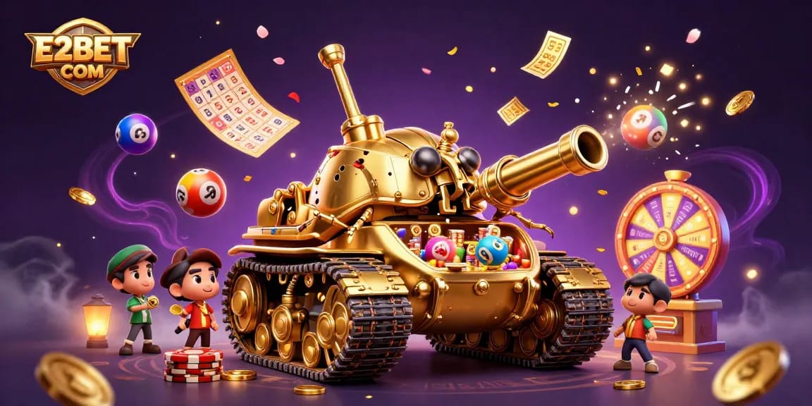 Experience the excitement of E2BET COM with a vibrant 3D casino illustration featuring dynamic lottery elements.