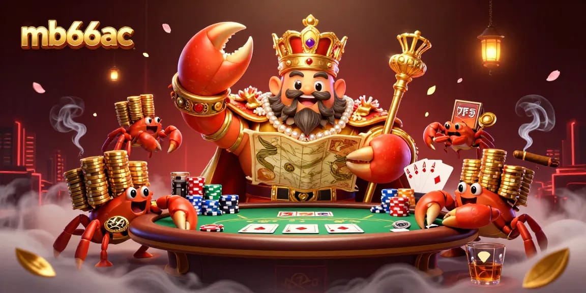 Experience thrilling action at mb66ac with our golden crab emperor presiding over a vibrant poker scene.