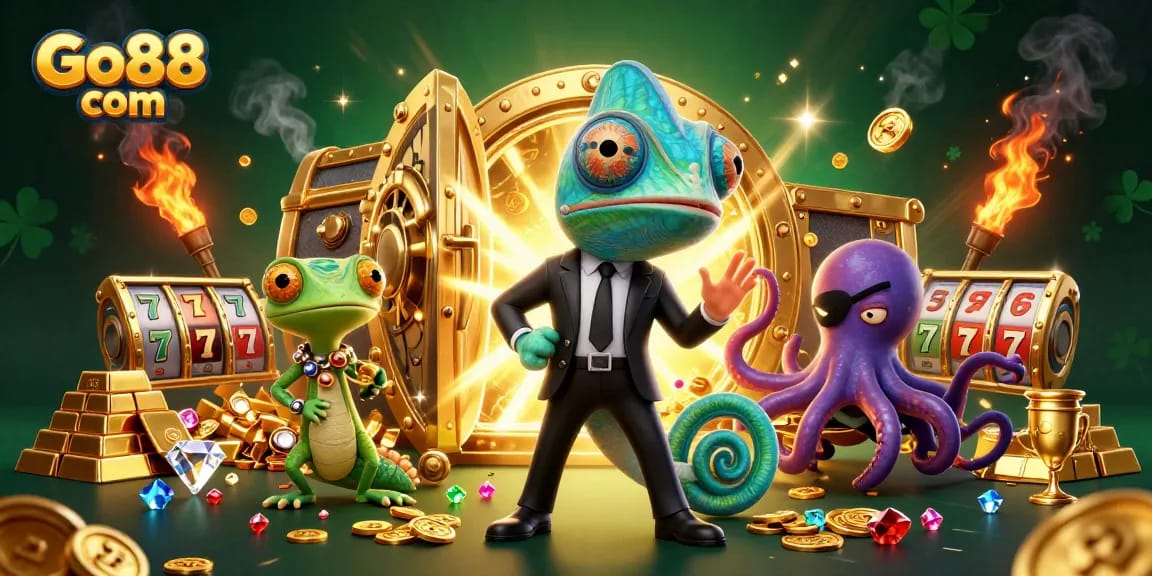 Engage in thrilling wins at Go88 com with vibrant 3D casino illustration filled with treasure and excitement.