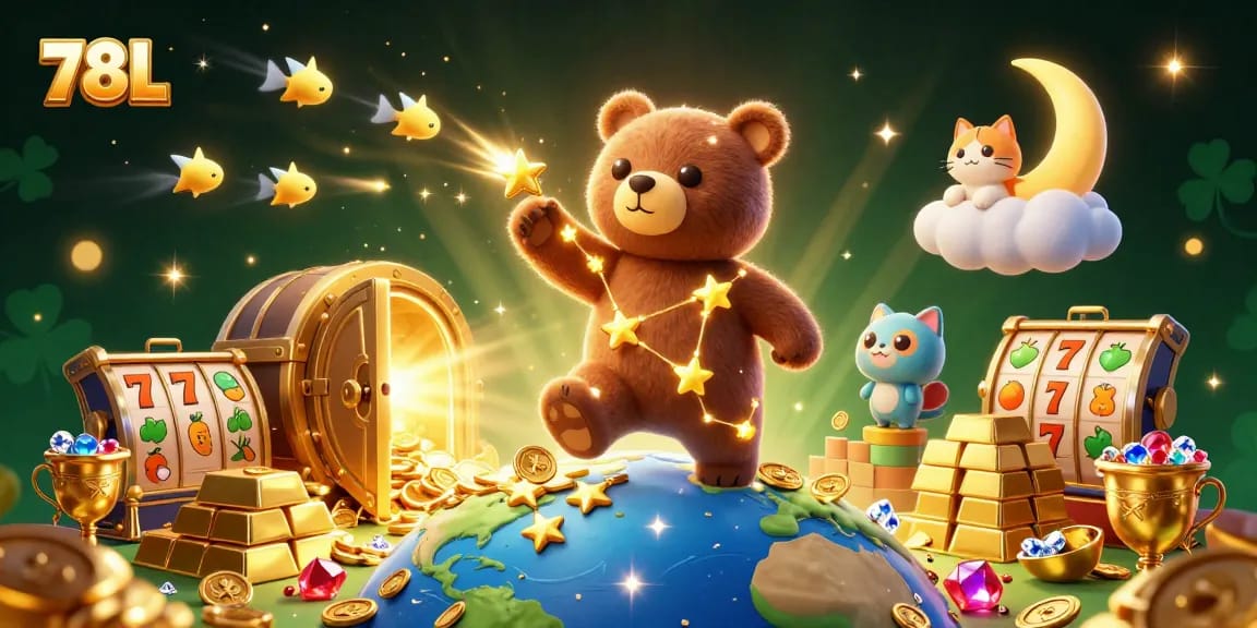 Ganhe no 78L com a ilustração divertida de um urso das constelações coletando moedas enquanto desfruta de caça ao tesouro.