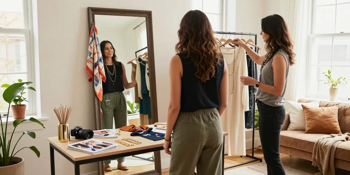Consulente d'immagine mentre aiuta una cliente a scegliere un outfit con calda luce naturale.