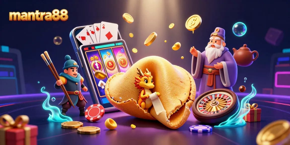 Experience thrilling wins with mantra88's vibrant casino scene featuring golden fortune symbols and dynamic game elements.