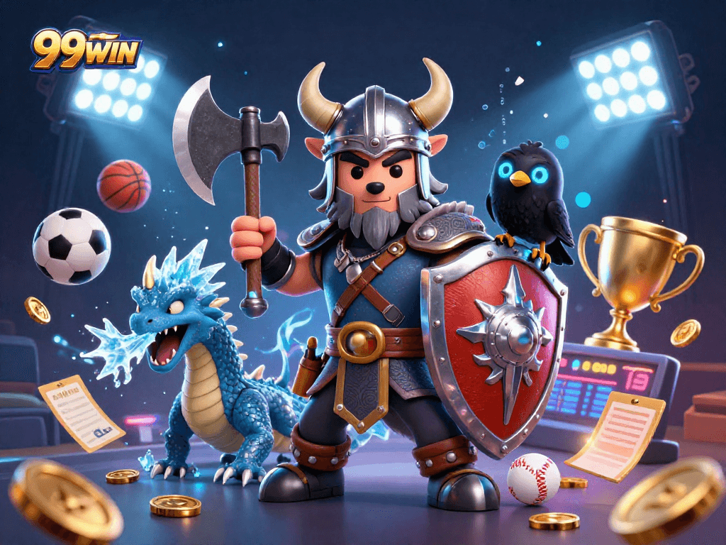 Experience thrilling gaming at 99WIN with a dynamic 3D casino scene featuring engaging characters and sports elements.