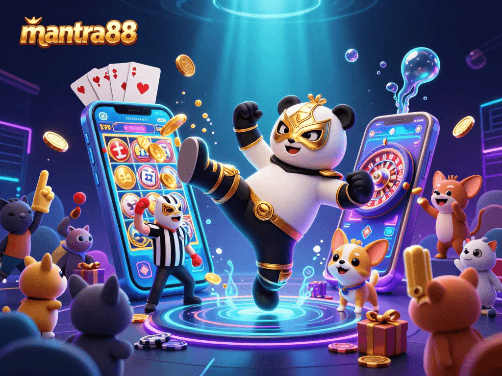 Experience thrilling spins at mantra88 with vibrant cartoon characters, golden coins, and dynamic slot games!