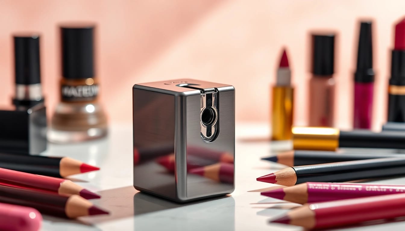Enhance precision with a premium cosmetic pencil sharpener in a stylish makeup setting.