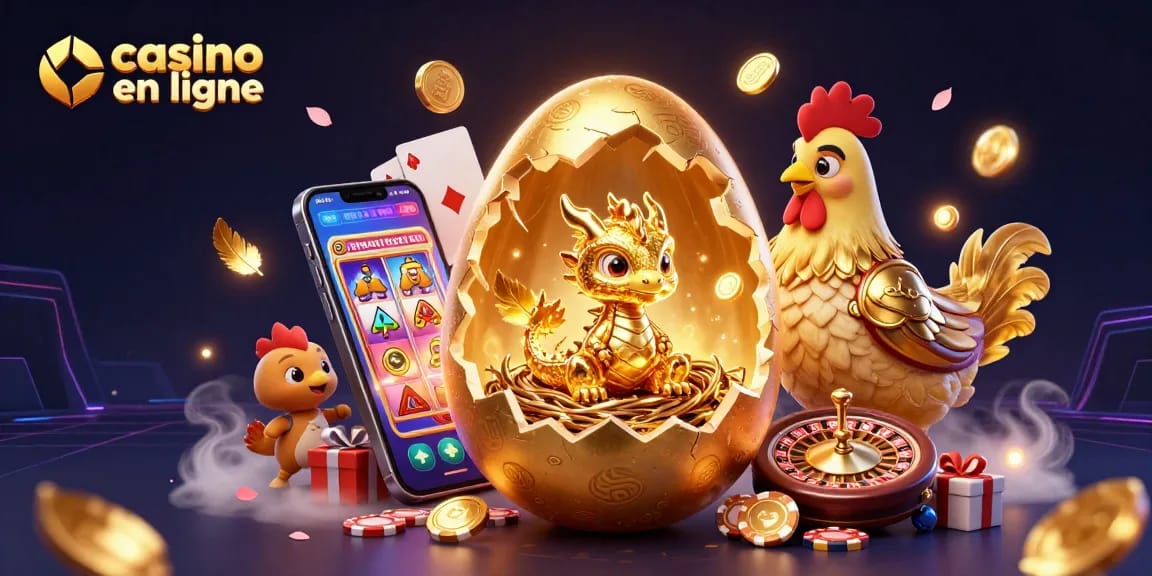 Casino en ligne : Un dragon d'or émergent d'un œuf géant, entouré de jetons et jeux.