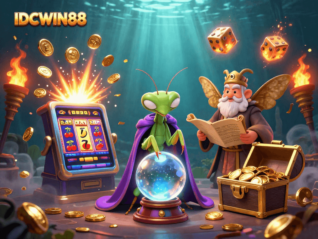Engage with IDCWIN88's vibrant casino experience featuring luck and adventure in a mystical illustration.