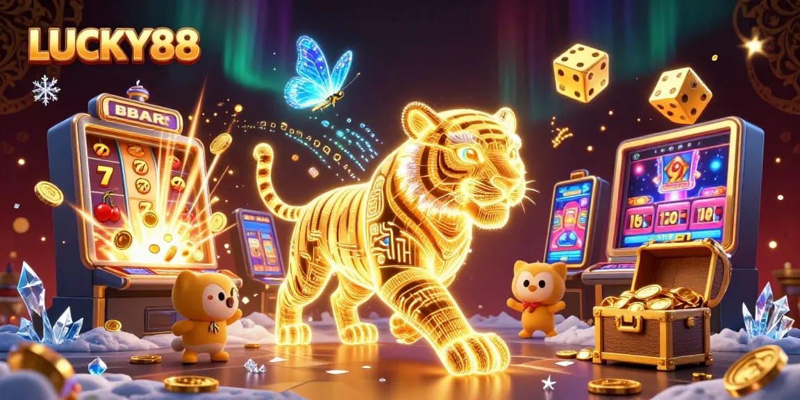 Experience LUCKY88 in this vibrant casino scene with a neon tiger and jackpot excitement.