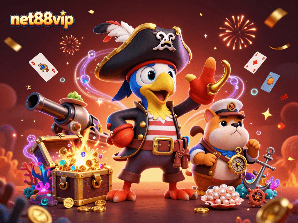 Engage in thrilling gameplay at net88vip with a vibrant pirate-themed casino scene.