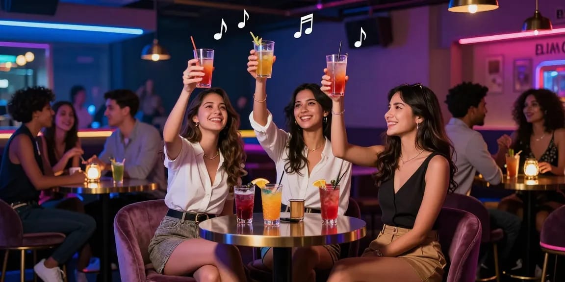 Friends celebrating at a lively 유흥사이트 lounge with cocktails, vibrant atmosphere, and chic decor.